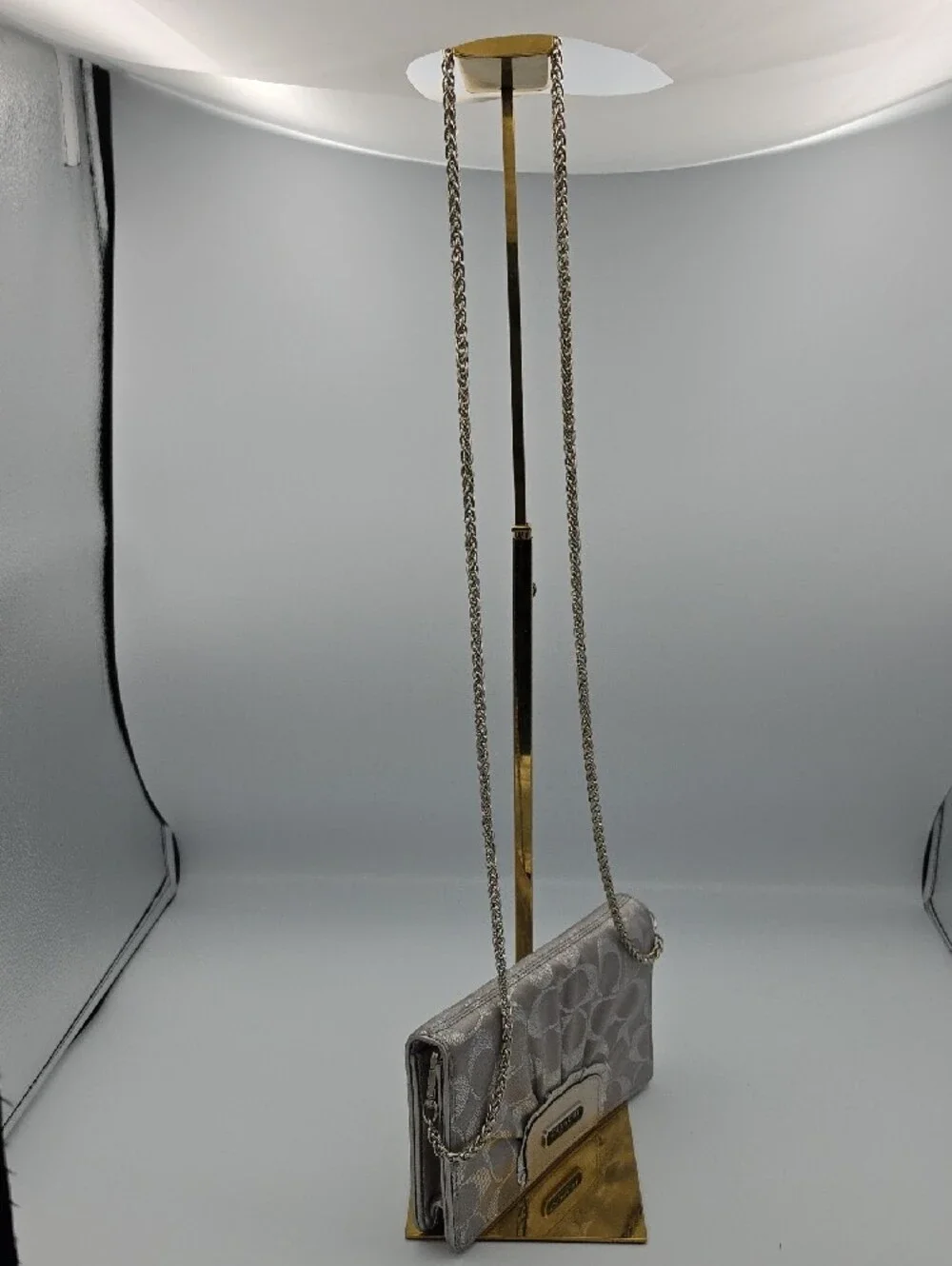 Coach Silver Metallic Shine Signature Mono Small Chain Crossbody/Wallet (EUC)🩶
